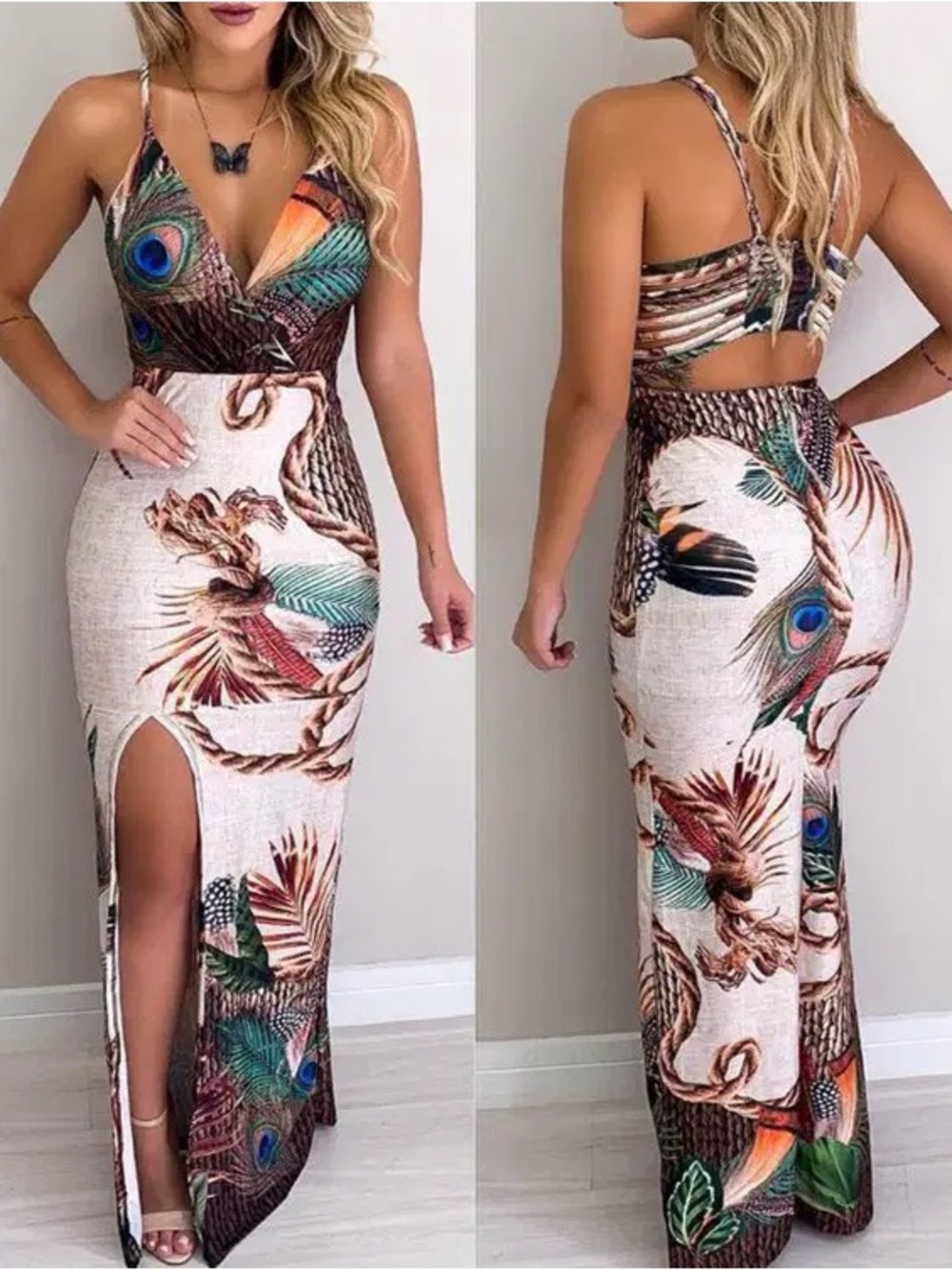 Maxi Dress with Feather & Palm Print - Cream